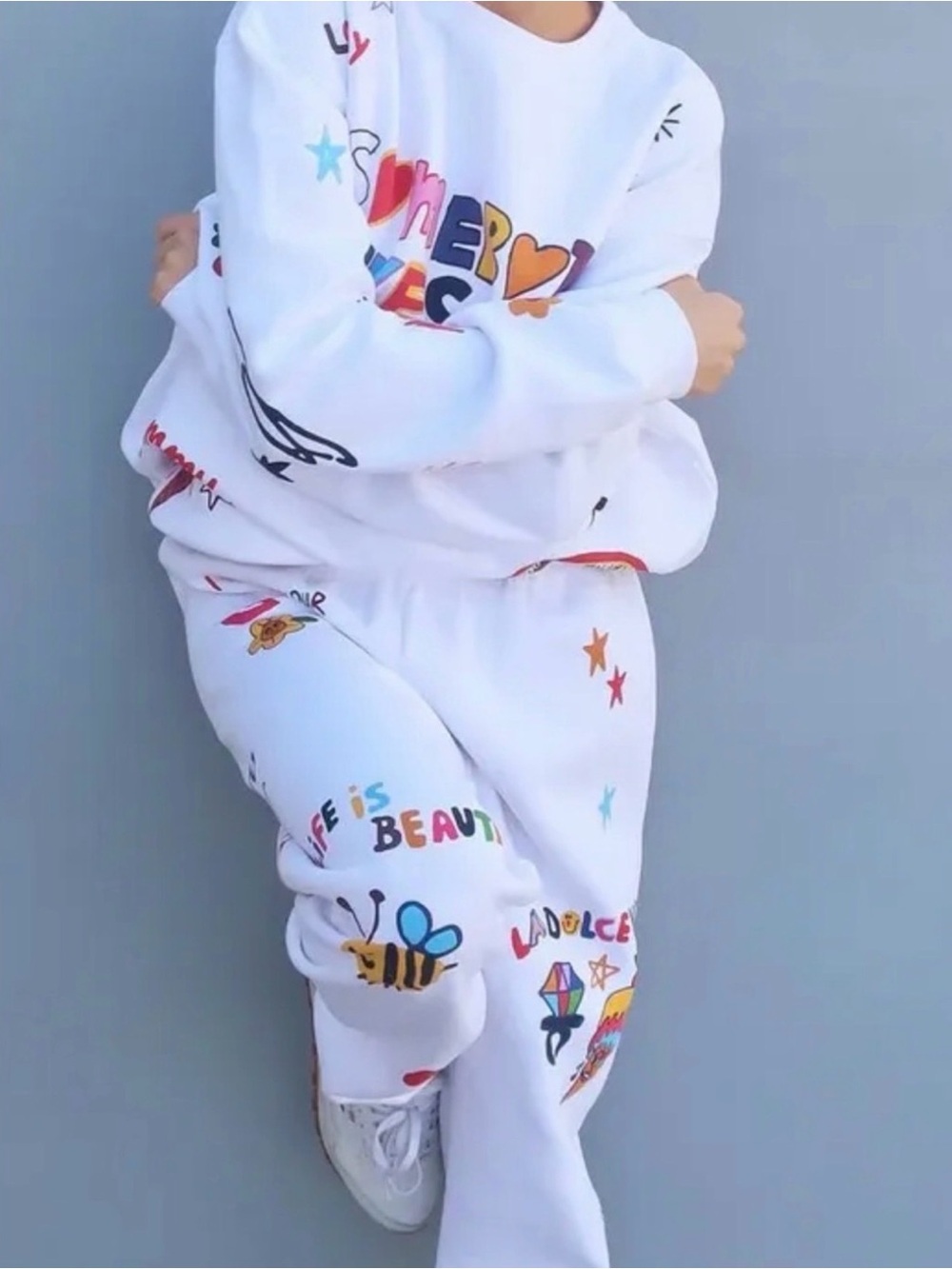 Mayfair White Graphic Sweatshirt & Joggers Set with Colorful Cartoon Prints